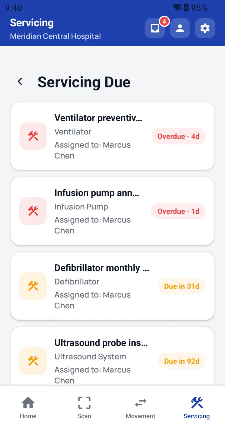 Handheld app servicing list with overdue jobs